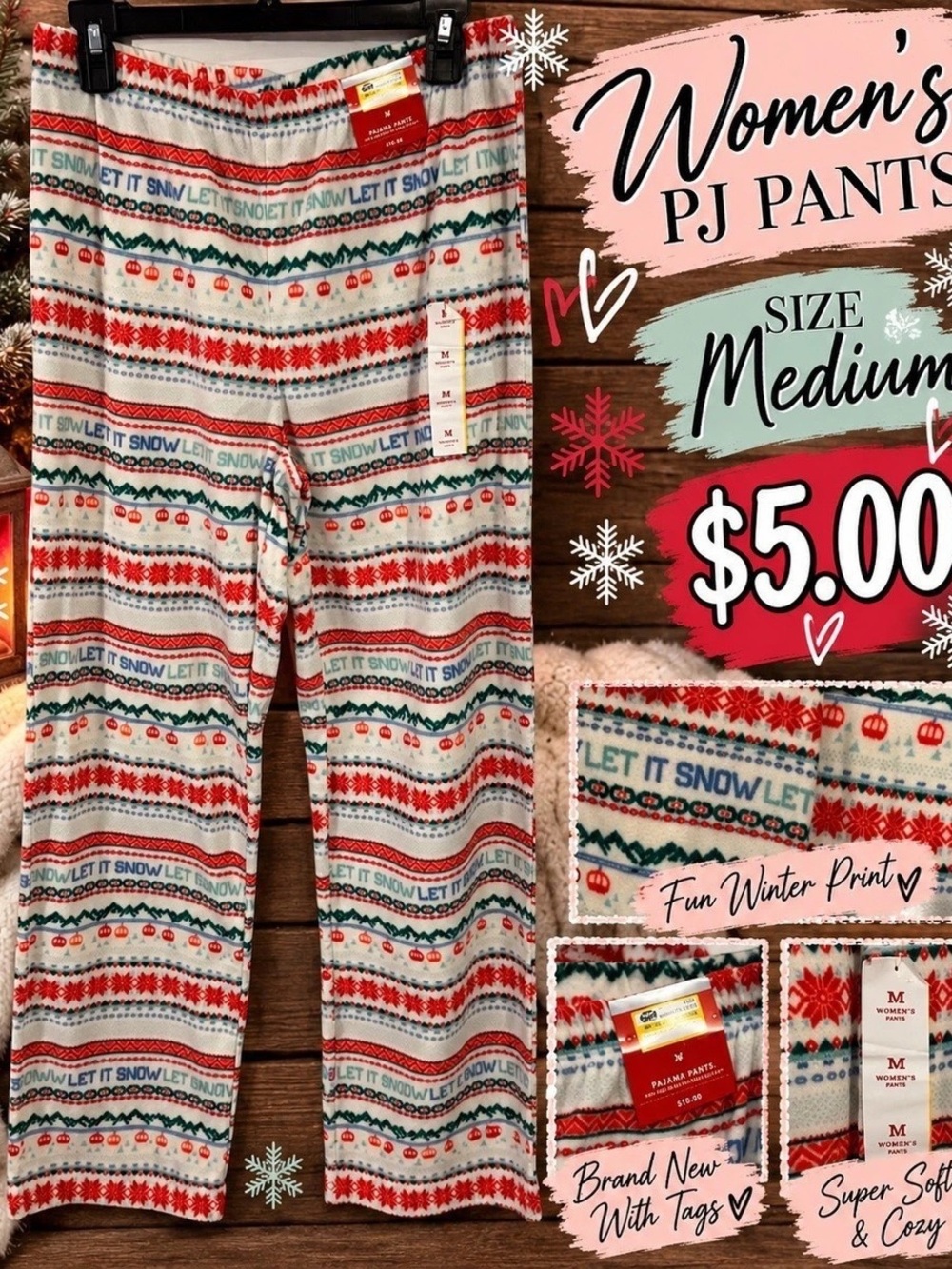 Women's Cotton Pajama Pants White & Red Size Medium NWT